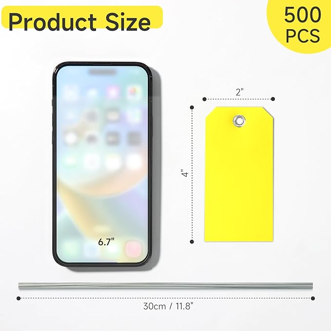 500 Pieces Plastic Shipping Tags With Wire - Waterproof Heavy Duty Labeling Tags With String Wires for Equipment Car Parts (Yellow, 2x4)