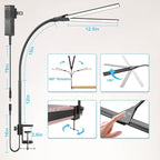 Hensam Desk Lamp for Home Office, Double Head Desk Light with Clamp, Dimmable 5 Color Modes Task Lighting, Eye-Caring Architect Table Lamp for Workbench, Dual Monitor, Study, 1400lm