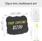 PigPotParty 12 Pcs Food Labels for Party Buffet w/Cleaning Spray, 4"x3" Mini Chalkboard Signs Include 2 Liquid Chalk Markers for Food Display - Food Tags- Table Palce Card (Waved Shape)