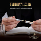 Scriveiner Luxury EDC Fountain Pen (Medium), Stunning Silver Chrome Luxury Pen, Real Gold Plating, Schmidt German Nib, Converter, Writing Gift Set for Men & Women, Nice Fancy Office Designer Pen