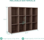 OSCHF 12-Cube Storage Shelf Bookcase - Wooden 3-Tier Floor Standing Open Bookshelf for Home and Office, Cuby Orgainzer, Walnut