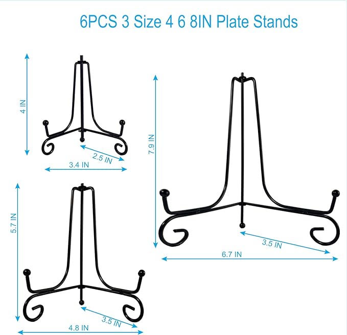 HENABLE 6PCS 3 Size Black Iron Plate Stands for Display - 4, 6, 8 Inch Decorative Metal Plate Holders - Mini Easel, Frame, Book, Card, Plaque, Bowl, Picture Display Stands