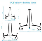 HENABLE 6PCS 3 Size Black Iron Plate Stands for Display - 4, 6, 8 Inch Decorative Metal Plate Holders - Mini Easel, Frame, Book, Card, Plaque, Bowl, Picture Display Stands