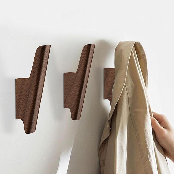 FCOWK Wood Wall Hooks 4 Pack Coat Hooks Wall Mount Walnut Wooden Hooks for Hanging Hat, Bag, Backpack, Rustic Coat Hooks for Wall, Wood Towel Hooks for Bathrooms and Entryway Hooks (Walnut, Dark)