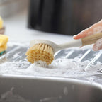 DEBETOOL Dish Brush with Built-in Scraper - 4 Pack Bamboo Dish Scrubber Brush with Handle, Kitchen Brushes for Dishes & Pots, Sink, Eco Cleaning Tool Set