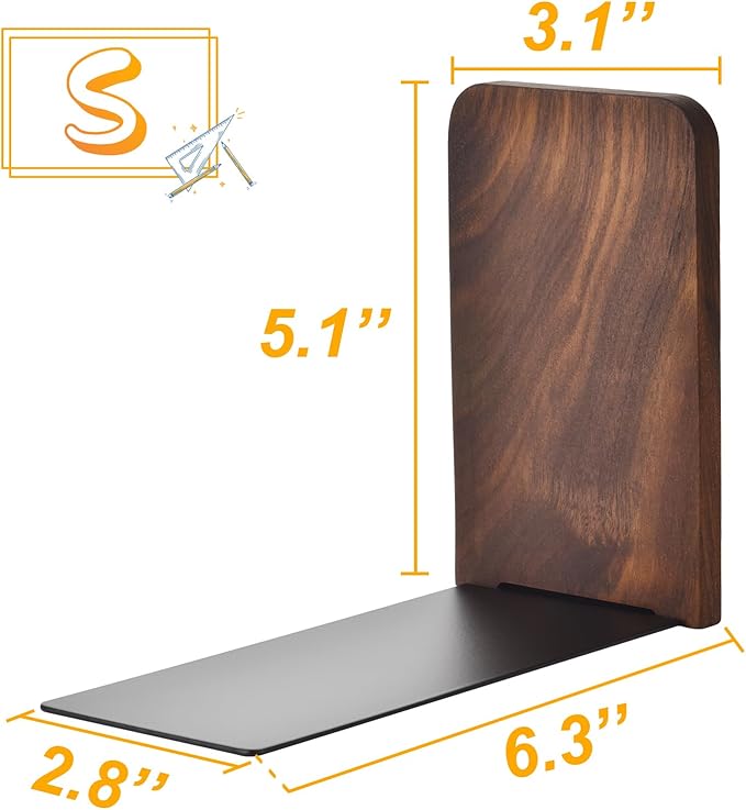 VIVTOB Book Ends, Black Walnut Wooden Bookends for Shelves - Heavy Duty Non-Slip Book Organizers, Upgraded Decorative Bookend Holders for Home, Kitchen, Office, Set of 2, Small