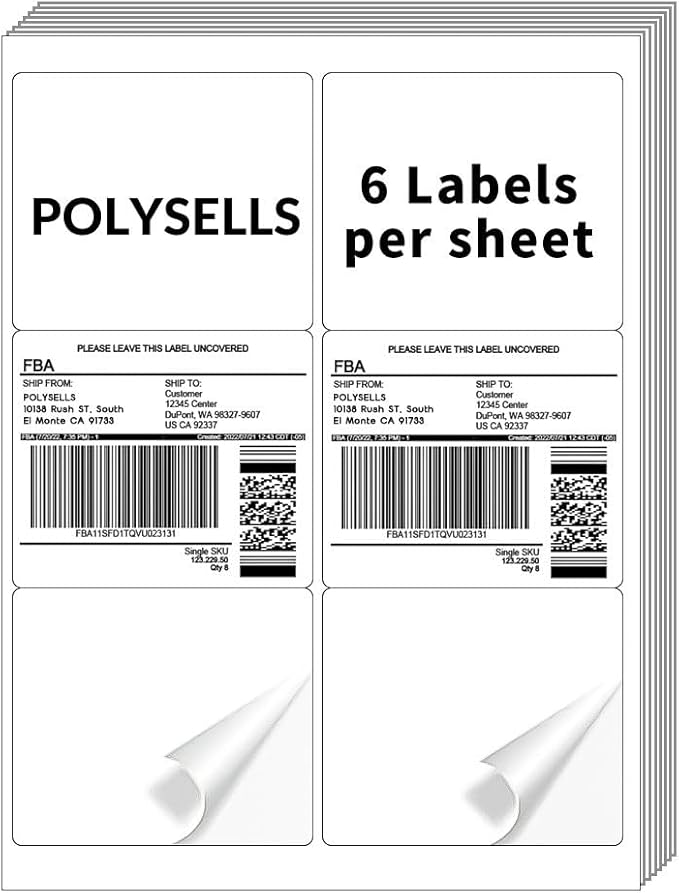 POLYSELLS Self Adhesive 3-1/3'' x 4'' Address Shipping Labels, 6UP White Sticker FBA Labels, Inkjet/Laser Printer Compatible, 6 Labels/Sheet, 100 Sheets/600 Labels, (LS6UPW100)