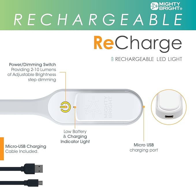 The Original Mighty Bright Recharge Clip On Rechargeable Book Light Reading Light, Warm Eye Care LEDs, Flexible, Durable, Dimmable, Perfect for Kids, Bookworms, Reading in Bed, Lasts 60 Hours (White)
