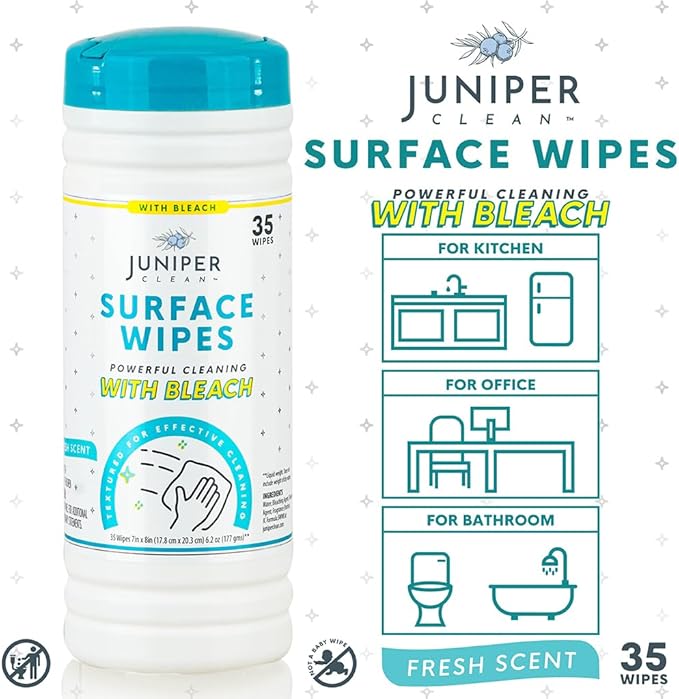 Juniper CLEAN 12 Pack Surface Cleaning Wipes with Bleach, All-Purpose Cleaner for Bathroom, Kitchen, Office, 420 Count Canister, 7.5" x 7" Sheet, Fresh Scent, Lint Free & Durable