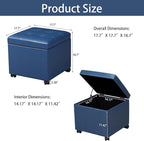 Homebeez Faux Leather Storage Ottoman with Steerable Rolling Wheels, 17.7" Square Small Foot Rest Stool Tufted Cube Footstool with Hinged Lid, Load 300 lb, for Living Room, Bedroom, Entryway, Blue