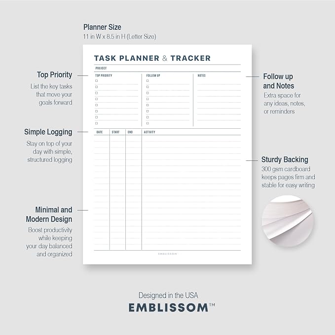 Task Planner & Tracker 8.5 x 11 Tear-Off 70 Sheet Planner Pad – Project Organizer with Time Log, Top Priority, Follow-Up – Notepad for Home & Office (White, Minimalist, 1 Pack)