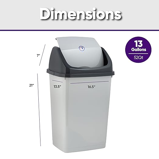 Superio Kitchen Trash Can 13 Gallon with Swing Lid, Plastic Tall Garbage Can Outdoor and Indoor, Large 52 Qt Recycle Bin and Waste Basket for Home, Office, Garage, Patio, Restaurant (SmokeWhite/Grey, 2 Pack)