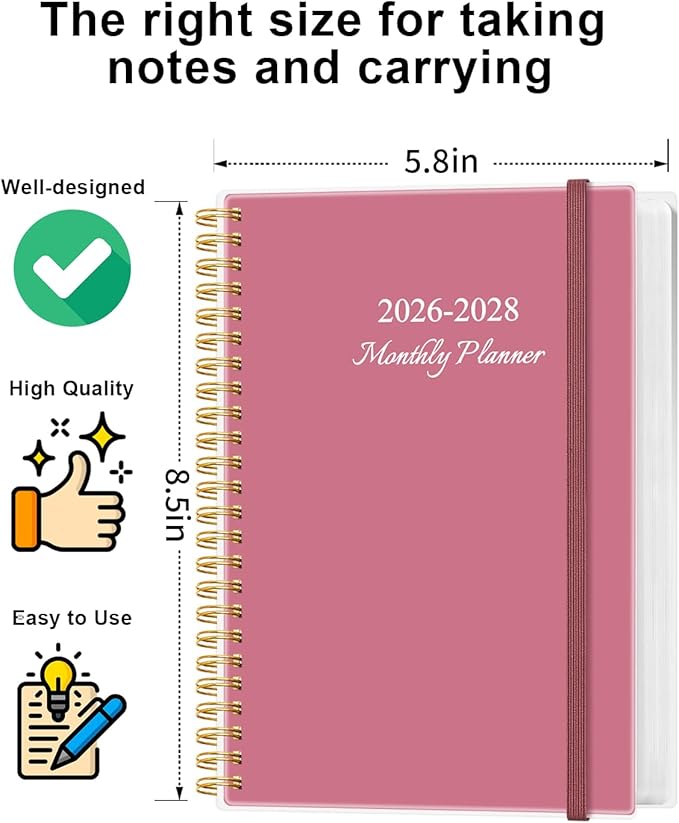 2026-2028 Monthly Planner, Three Years Calendar from January 2026 - December 2028 with Spiral Binding, Inner Pocket, Elastic Closure, 38 Month Planner for Home | School | Office, 5.8" x 8.5", Pink