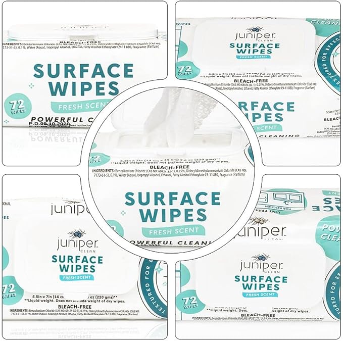 Juniper CLEAN 1 Pack Surface Cleaning Wipes Bleach Free, All-Purpose Cleaner for Bathroom, Kitchen, Office, 72 Count Soft Flow, Fresh Scent, Lint Free & Durable