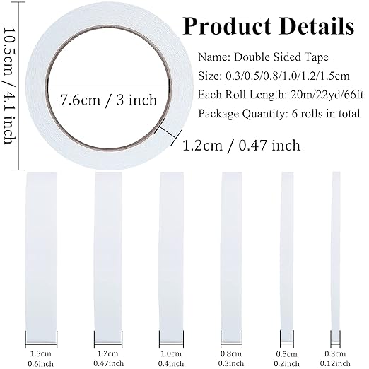 SmaringWing Double Sided Tape for Crafts, 6 Rolls Multi-Size Double-Sided Adhesive Tape for Arts, Photography, Gift Box, Scrapbooking, Card Making, Paper Backing