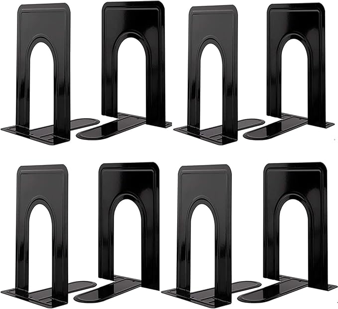 Book Ends, Heavy Duty Bookends to Hold Books, Metal Bookends for Home Office Decorative, Book Ends for Heavy Books/Movies/CDs, Black 6.5 x 5 x 5.7 in, 4 Pair/ 8 Piece by Mkyuroa