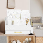 WISUCART Bamboo Desk Organizer Mail Holder Countertop Wood Desk Drawer Tabletop Storage Box Pen Holder Letter Sorter Makeup Organizer for School Home Office Supplies with Pen Holder White