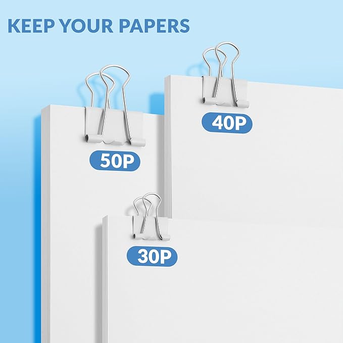 NEEWAY 100 Count Binder Clips Assorted Sizes, Paper Binder Clips (0.6inch 0.75inch 1inch), Metal Paper Clamps for Office and Home (White)