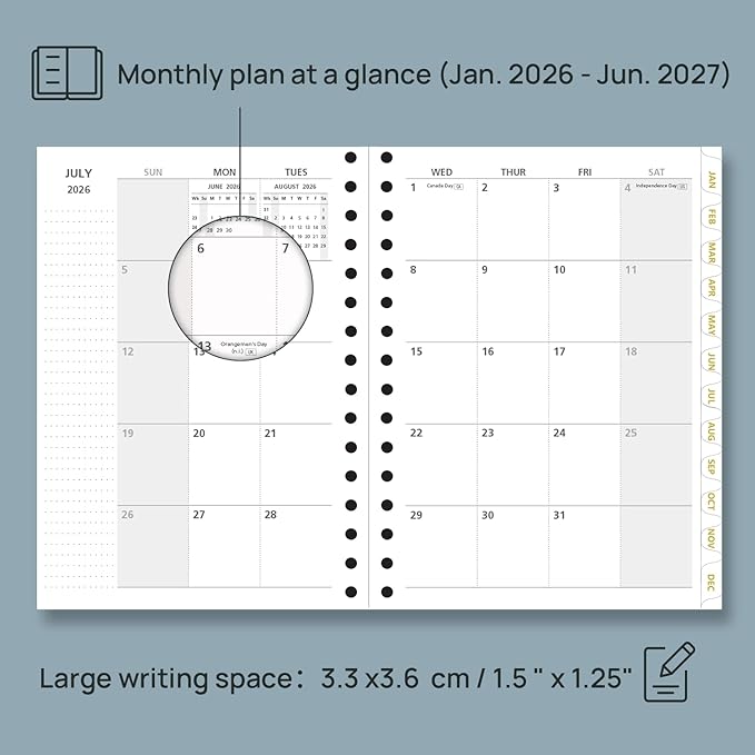 POPRUN Monthly Planner 2026-2027 Spiral Hardcover (6.25'' x 8.5''), 18 Months Calendar (Jan.2026-Jun.2027) - 2 Pages per Month with Dotted Note Pages, Sunday Start, Laminated Tab - Black
