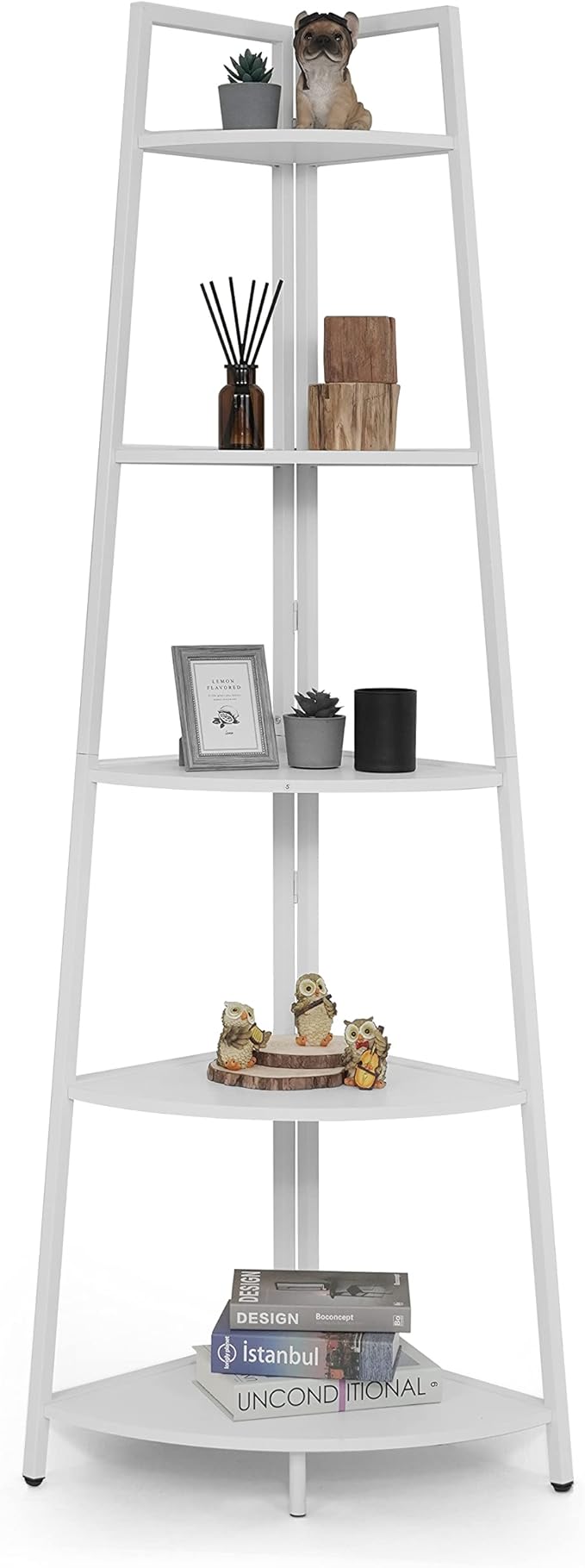 CAPHAUS Tall Corner Shelf Stand, 5-Tier Display Shelves, Ladder Corner Wood Storage Plant Bookshelf with Metal Frame, Versatile Shelving Unit Bookcase for Home Office Space, White