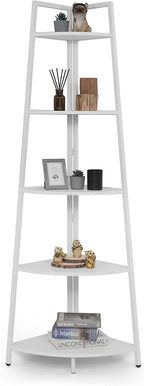 CAPHAUS Tall Corner Shelf Stand, 5-Tier Display Shelves, Ladder Corner Wood Storage Plant Bookshelf with Metal Frame, Versatile Shelving Unit Bookcase for Home Office Space, White