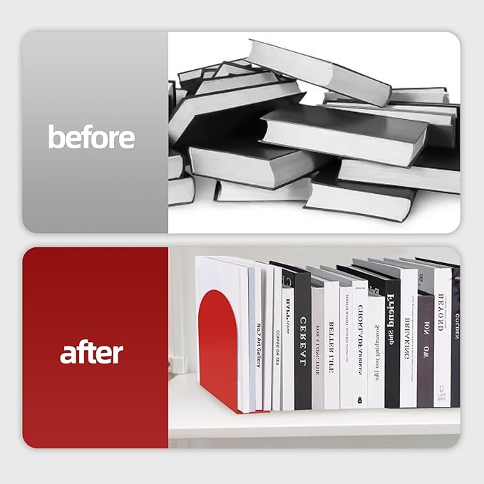 Lulonpon 2 Pieces Book Ends, Bookends, Books Stand, Metal Bookend for Shelves, Red Book Ends for School, Library, Desktop Organizer