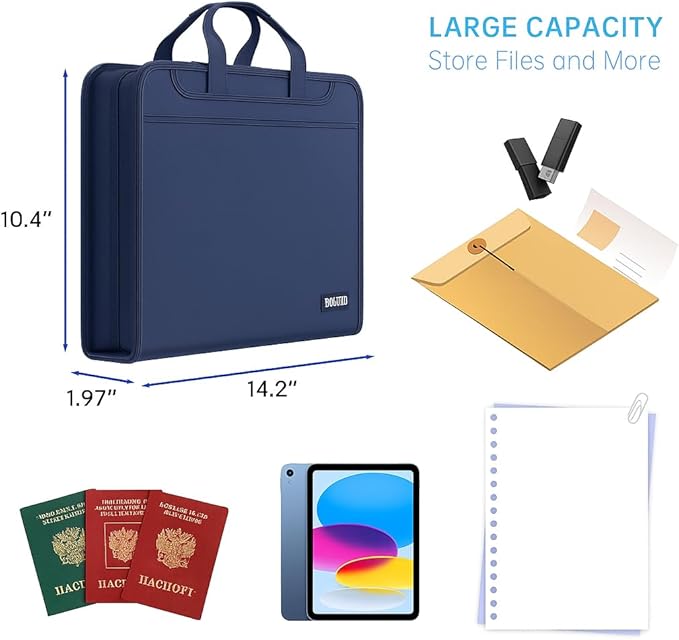 Fireproof & Waterproof Accordion File Organizer – Fireproof File Folder with Handle, 13-Pocket Expanding Paperwork Organizer for A4/Letter Documents, Travel File Storage (Blue)