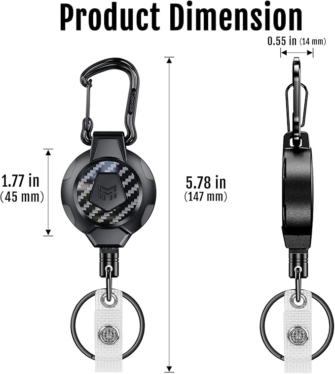 MNGARISTA Upgraded Version Retractable Keychain, 10 OZ Retraction, 31.5" Stainless Steel Cord, Heavy Duty Carabiner Badge Holder, 3K Carbon Fiber ID Badge Reel with Badge Strap and Key Ring