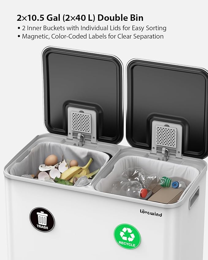 Lovewind Trash Can, 2 x 10.5 Gallon (2 x 40 L) Garbage Can for Kitchen Dual Compartment Recycling Kitchen Step Trash Bin, Stainless Steel Trash and Recycle Bin Combo with Soft-Close Lid, White