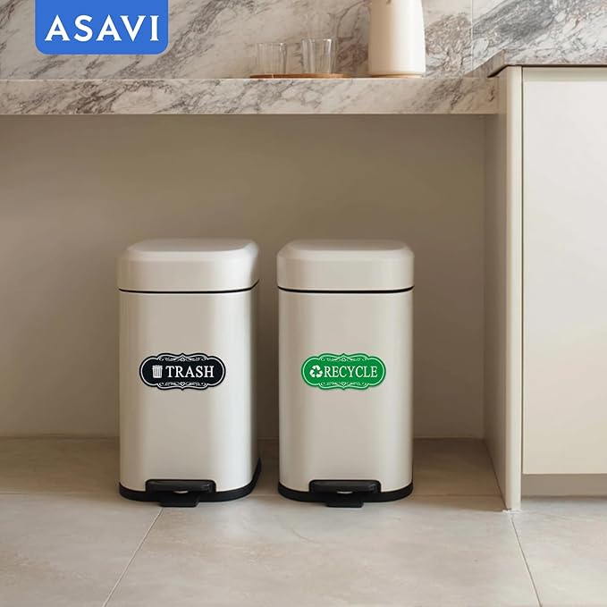 ASAVI Trash & Recycle Stickers – 2-Pack Self-Adhesive Vinyl Labels, Waterproof & Durable (Green Black, Medium 6.3 x 2.7 inches)