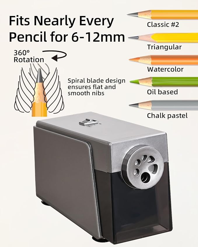 ZMOL Heavy Duty Electric Pencil Sharpener for Classroom, 6 Holes, Stronger Helical Blade, Auto Stop, Save Pencils, Plug in, Suitable for 6-12mm No.2/Colored Pencils, Teachers,School & Home Silver