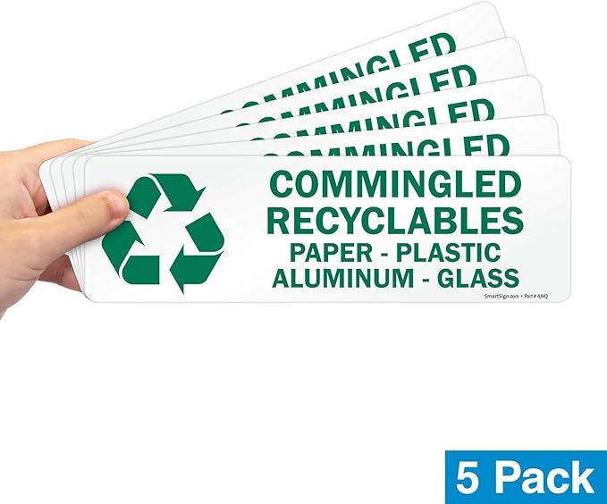 SmartSign Commingled Recyclables Sticker - Paper, Plastic, Aluminum Glass Pack of 5 Labels | 3" x 10" Laminated Vinyl, Made in USA