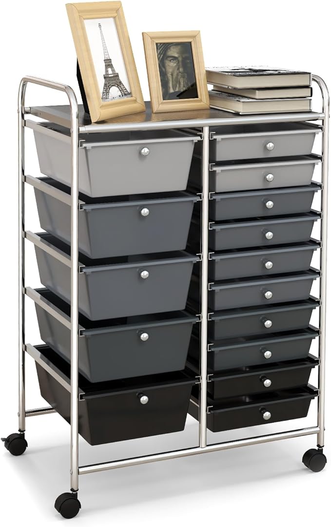 HAPPYGRILL 15-Drawer Rolling Cart, Storage Carts with Removable Drawers & Steel Frame, Utility Cart on Lockable Wheels for Home, School, Office, Black Gradient