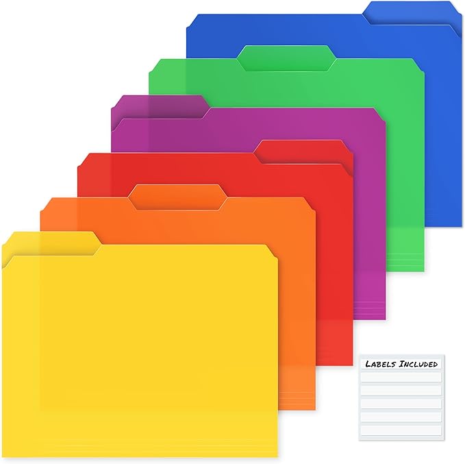 Dunwell Plastic Colored File Folders (12 Pack), 1/3 Tab Filing Folders for 8.5x11 Letter Size Documents, Assorted Colors, Acid-Free Poly, Includes Labels