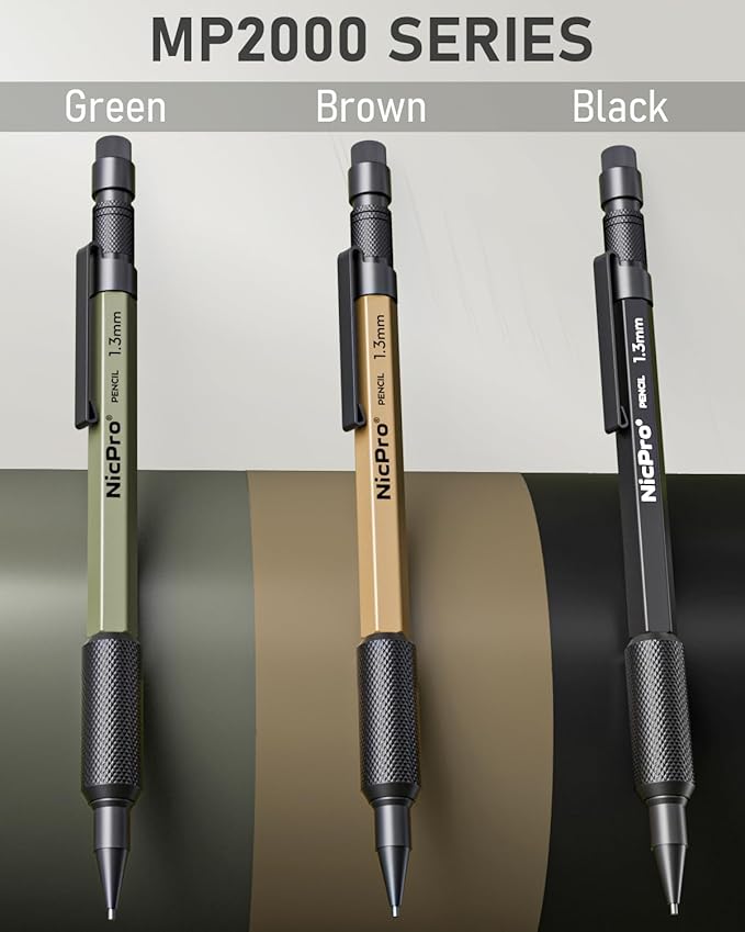 Nicpro 3 PCS 1.3 mm Mechanical Pencil Set 3 Colors with 48 Lead Refill, 3 Eraser - Weatherproof Metal MP2000 Heavy Duty Carpenter Pencil for Outdoor Marking Drafting Drawing Woodworking