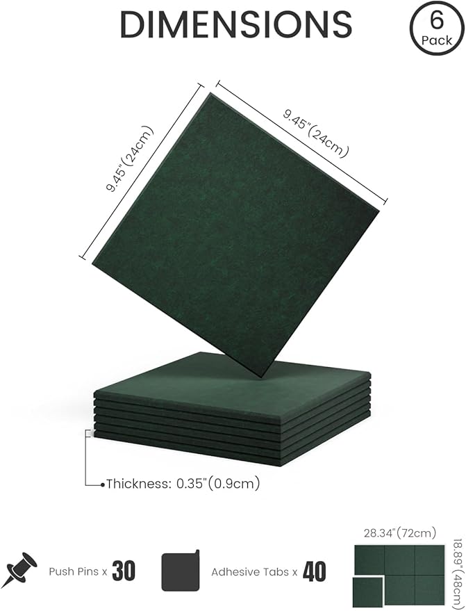 Fluxynara Felt Bulletin Board Tiles -28"x18" Cork Board Alternative for Office Decor, Push Pin Board Wall Organizer 6-Pack -Pine Green