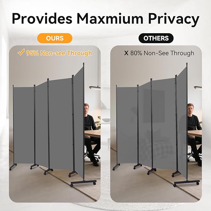 Room Divider (4 Panel) Wall Divider for Room Separation, 88 inch Wide Portable Privacy Screens W/Wheels, Metal Frame Freestanding Room Separators 5.6FT Room Partitions and Dividers