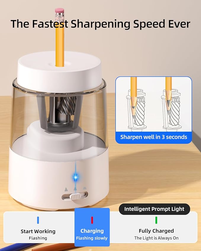 ZMOL Electric Rechargeable Pencil Sharpener, Automatic Pencil Sharpeners Kids, Battery Powered Pencil Sharpeners for Colored Pencils, Auto Stop, Suitable for No.2(6-8mm), Classroom/Home White