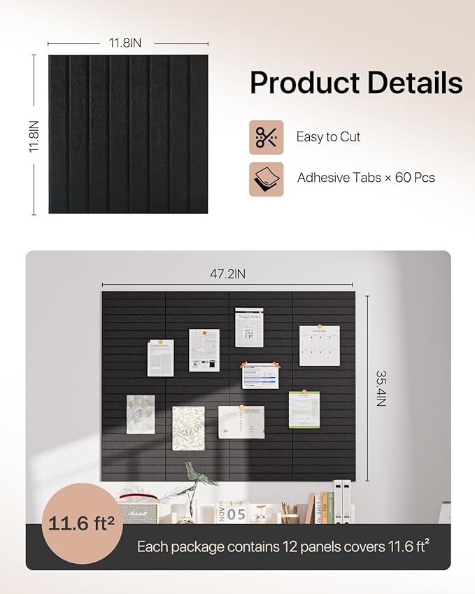 Soundsbay Large Cork Board, 47"x35" Slat Bulletin Board Alternative, 12-Pack Cork Boards for Walls, 60 Adhesive Tabs, Felt Wall Tiles for Home Office Classroom Pin Board