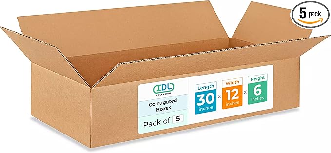 Large Shipping & Moving Boxes 30 x 12 x 6 inches (5-Pack) - Extra Strength 200 lb vs Regular - Corrugated Shipping Boxes for USPS/FEDEX - Large Cardboard Moving Box by IDL Packaging
