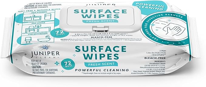 Juniper CLEAN 1 Pack Surface Cleaning Wipes Bleach Free, All-Purpose Cleaner for Bathroom, Kitchen, Office, 72 Count Soft Flow, Fresh Scent, Lint Free & Durable