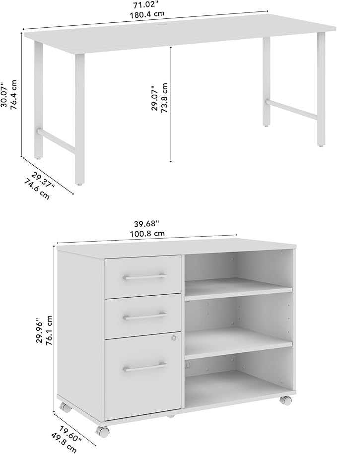 Bush Business Furniture Hustle 72W x 30D Computer Desk and Storage Cabinet with Drawers and Shelves in White/White, Modular Office Table for Home and Professional Workspace