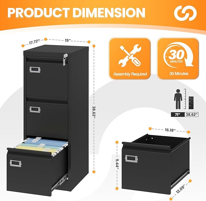 AFAIF 3 Drawer File Cabinet with Lock, Metal Filing Cabinets for Home Office, Vertical Black Locking File Caninet, Steel Narrow Three Drawer File Cabnet for Letter/Legal / A4 / B4- Assembly Required