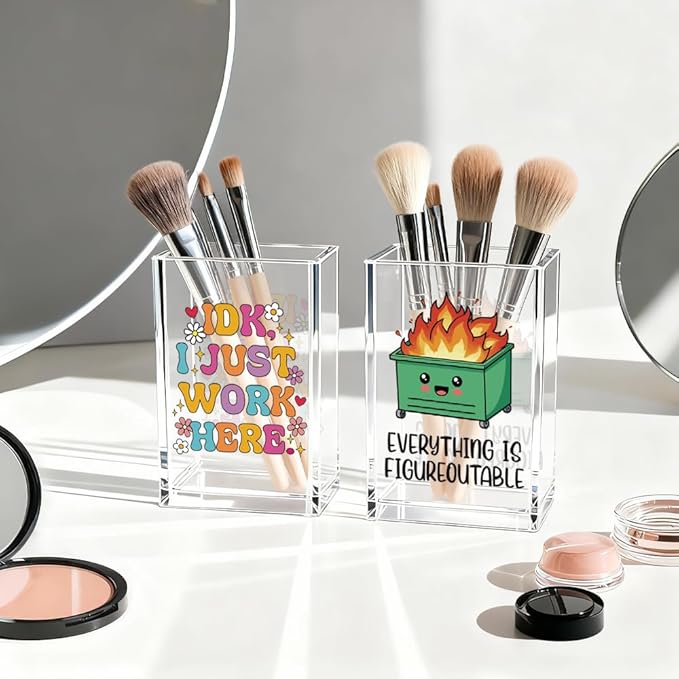 Vgrti Funny Dumpster Fire Work 2 Pack Acrylic Cosmetic Pencil Pen Holder Cup, Cute Office Pen Holder for Desk, Funny Work Burnout Gifts for Coworker Friend, Mental Health Gifts for Women Boss Teacher