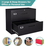 MIIIKO Lateral File Cabinet 2 Drawer, Black Metal File Cabinet with Lock, 35.4" Wide Drawers Storage File Cabinet for Hanging Files Folders Letter/Legal/A4 Size