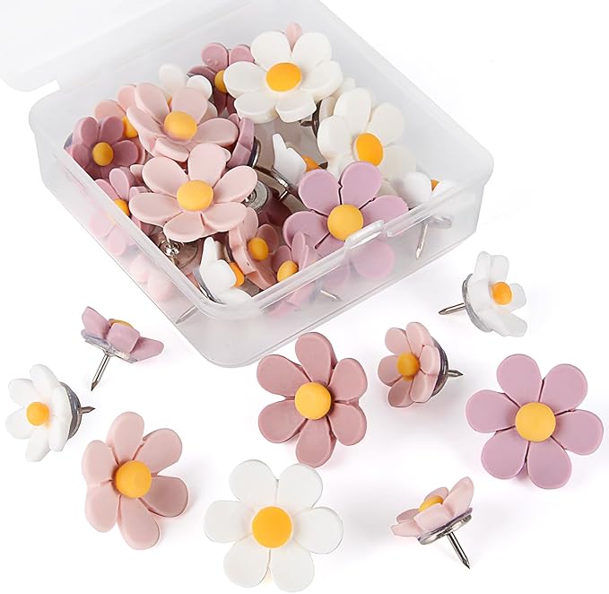 30pcs Decorative Flower Push Pins - Pink Thumb Tacks for Cork Board, Photo Wall, Feature Wall, Map, Bulletin Board, Office or Home