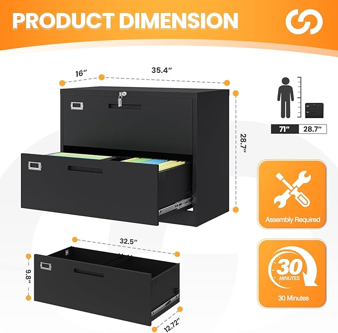 AFAIF 2 Drawer File Cabinets for Home Office, Metal Filing Cabinet with Lock, Black Locking File Caninet Two Drawer, Office Storage Caninets Steel Cabnet for Letter/Legal/A4/F4-Assembly Required