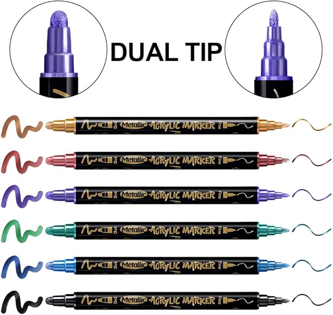 TRANSON 12Colors Metallic Paint Markers Bold and Fine Dual-tip for Rock Wood Ceramic Canvas DIY Painting Drawing