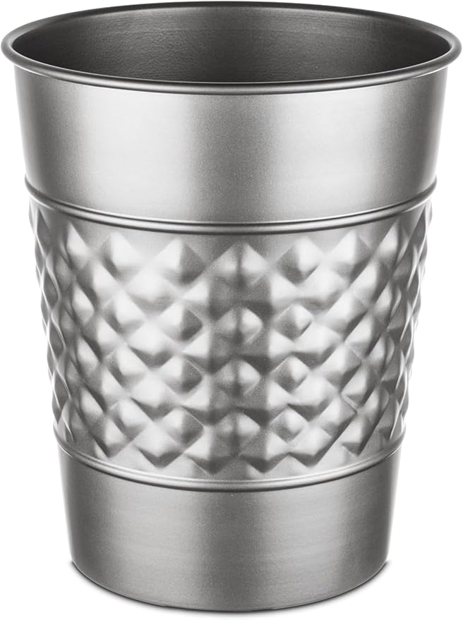 Monarch Abode Metal Bathroom Trash Can – Waste Basket for Bedroom, Office Desk, & Dorm, Handcrafted Geo Embossed, Durable Decorative Pewter Small Trash Can Bathroom Garbage Bin Wastebasket