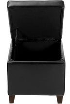 Adeco Storage Ottoman Foot Rest Stool, Leather Ottoman Footstool with Wood Legs and Hinged Lid, 18" Small Foot Stool Bench for Living Room, Bedroom, Black